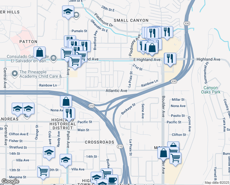 map of restaurants, bars, coffee shops, grocery stores, and more near 3895 Atlantic Avenue in Highland