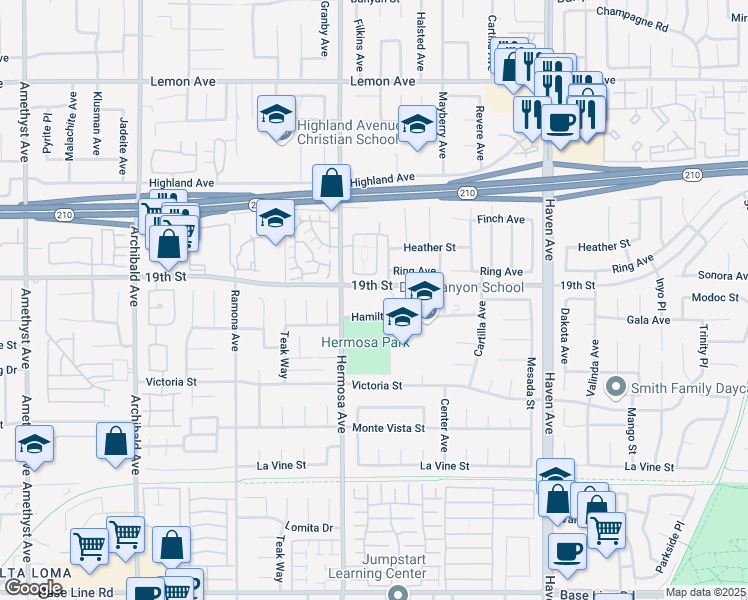 map of restaurants, bars, coffee shops, grocery stores, and more near 6729 Hermosa Avenue in Rancho Cucamonga
