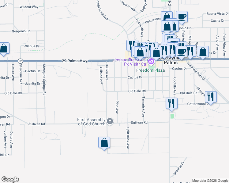 map of restaurants, bars, coffee shops, grocery stores, and more near Pine Avenue in Twentynine Palms
