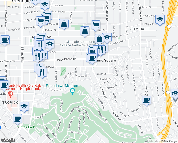 map of restaurants, bars, coffee shops, grocery stores, and more near 1233 Crescent Drive in Glendale