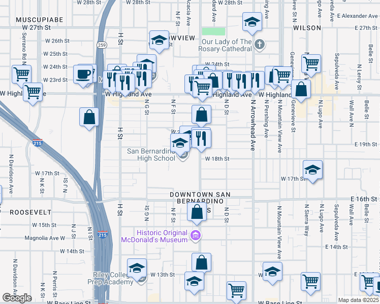 map of restaurants, bars, coffee shops, grocery stores, and more near 1850 North E Street in San Bernardino