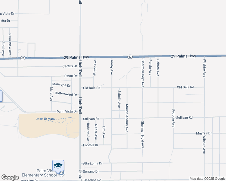 map of restaurants, bars, coffee shops, grocery stores, and more near 6717 Araby Avenue in Twentynine Palms