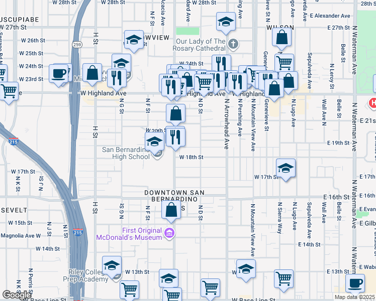 map of restaurants, bars, coffee shops, grocery stores, and more near 444 West 18th Street in San Bernardino