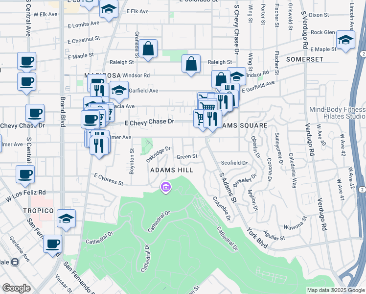 map of restaurants, bars, coffee shops, grocery stores, and more near Reynolds Drive in Glendale