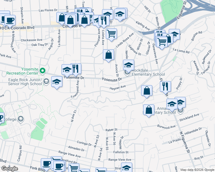 map of restaurants, bars, coffee shops, grocery stores, and more near 1426 Yosemite Drive in Los Angeles