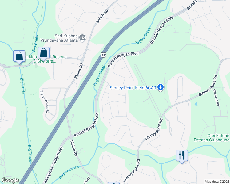 map of restaurants, bars, coffee shops, grocery stores, and more near 2660 Volaire Lane in Cumming