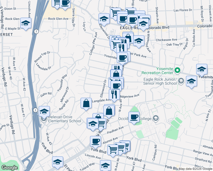 map of restaurants, bars, coffee shops, grocery stores, and more near 2245 Las Colinas Avenue in Los Angeles