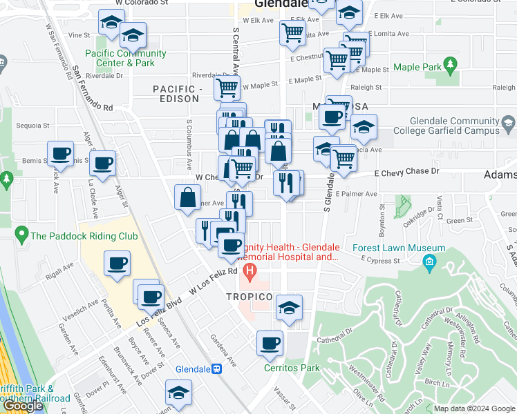 map of restaurants, bars, coffee shops, grocery stores, and more near 200 West Palmer Avenue in Glendale