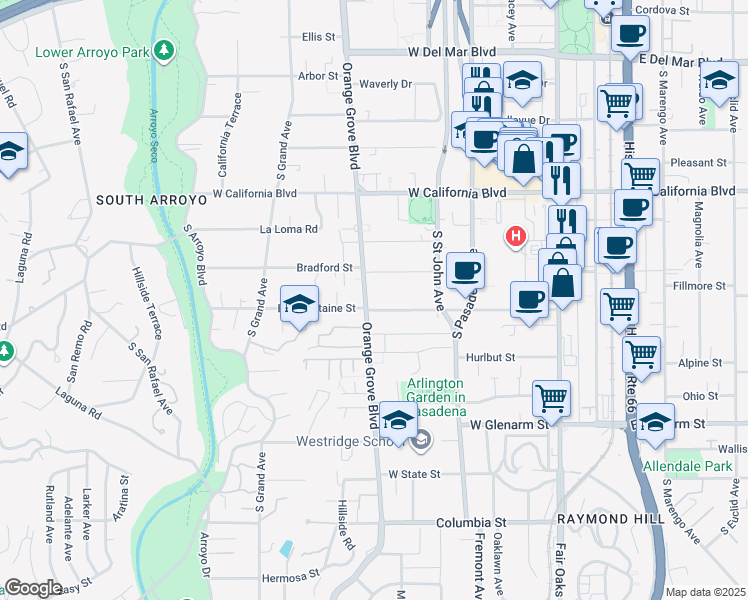map of restaurants, bars, coffee shops, grocery stores, and more near 812 South Orange Grove Boulevard in Pasadena