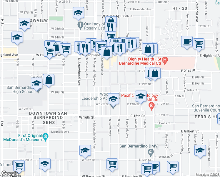 map of restaurants, bars, coffee shops, grocery stores, and more near 1841 North Sierra Way in San Bernardino