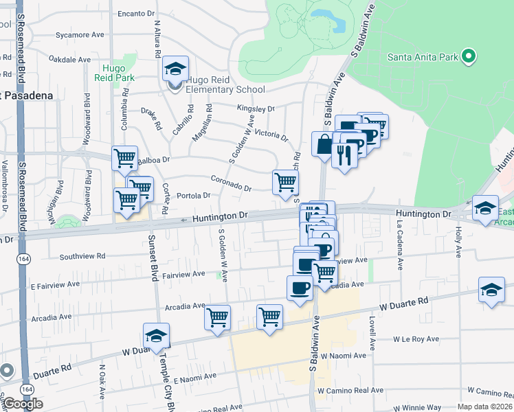 map of restaurants, bars, coffee shops, grocery stores, and more near 708 Joaquin Road in Arcadia