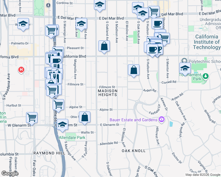 map of restaurants, bars, coffee shops, grocery stores, and more near 773 South Oakland Avenue in Pasadena