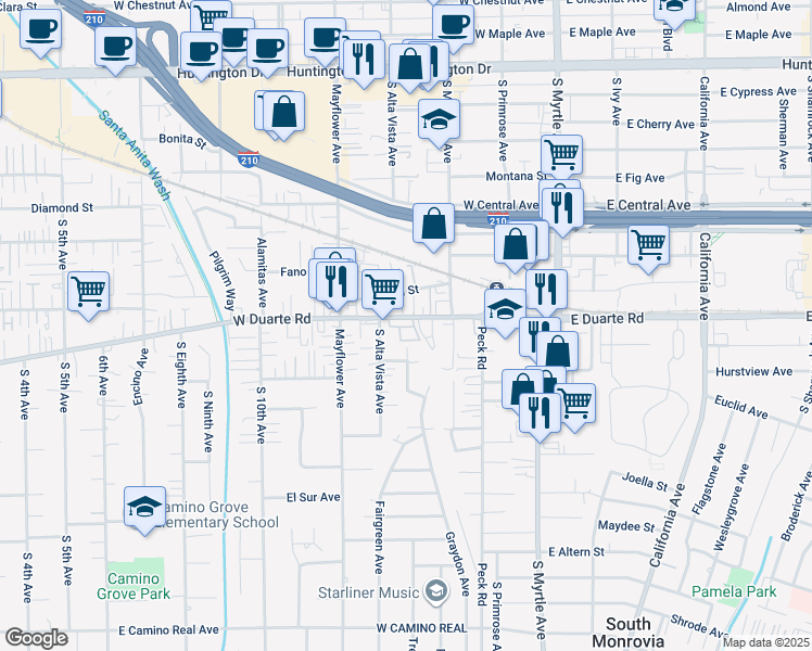 map of restaurants, bars, coffee shops, grocery stores, and more near 340 West Duarte Road in Monrovia