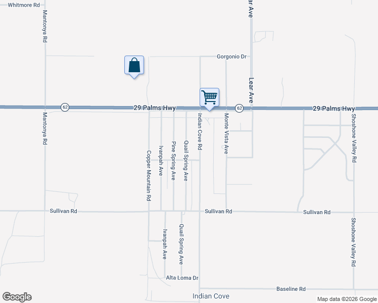 map of restaurants, bars, coffee shops, grocery stores, and more near 6671 Quail Spring Avenue in Twentynine Palms