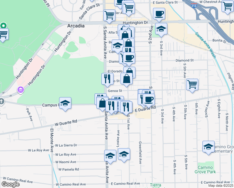 map of restaurants, bars, coffee shops, grocery stores, and more near 30 Genoa Street in Arcadia