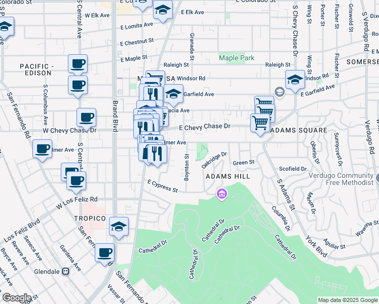 map of restaurants, bars, coffee shops, grocery stores, and more near 1214 Boynton Street in Glendale