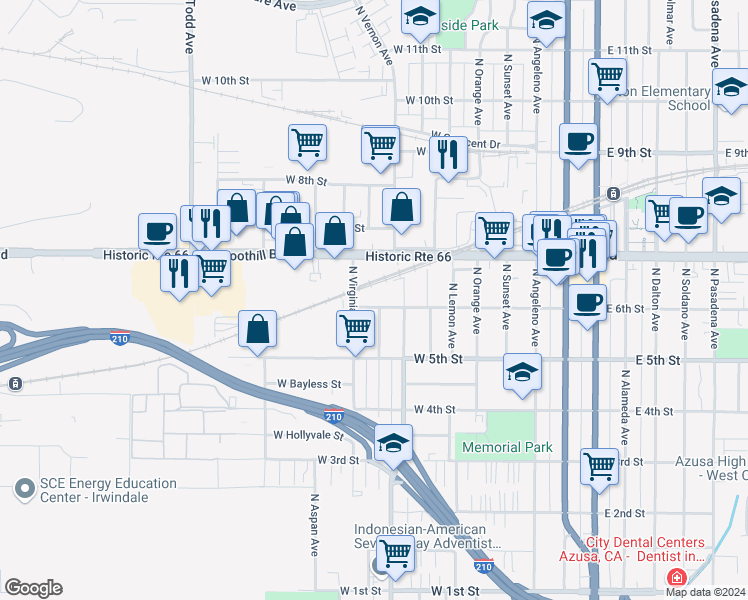 map of restaurants, bars, coffee shops, grocery stores, and more near 857 West 6th Street in Azusa