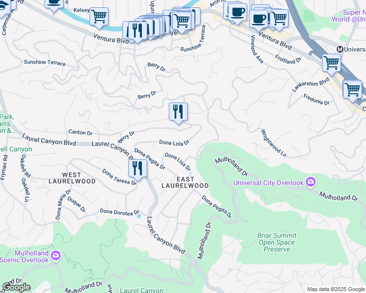 map of restaurants, bars, coffee shops, grocery stores, and more near 11268 Dona Lola Drive in Los Angeles