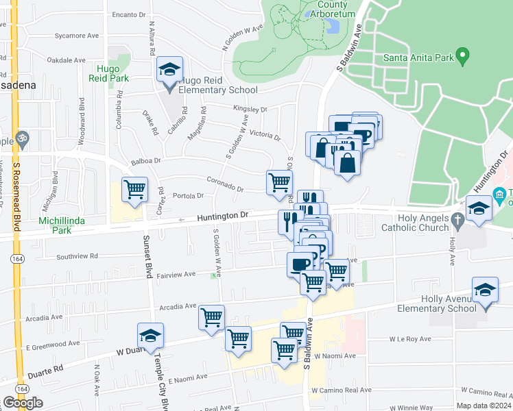map of restaurants, bars, coffee shops, grocery stores, and more near 849 West Huntington Drive in Arcadia