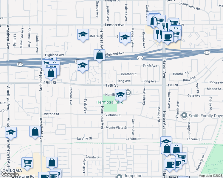 map of restaurants, bars, coffee shops, grocery stores, and more near 6729 Hermosa Avenue in Rancho Cucamonga