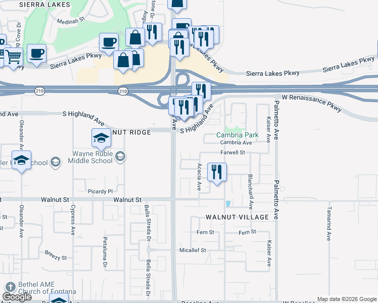 map of restaurants, bars, coffee shops, grocery stores, and more near 6704 Newport Court in Fontana