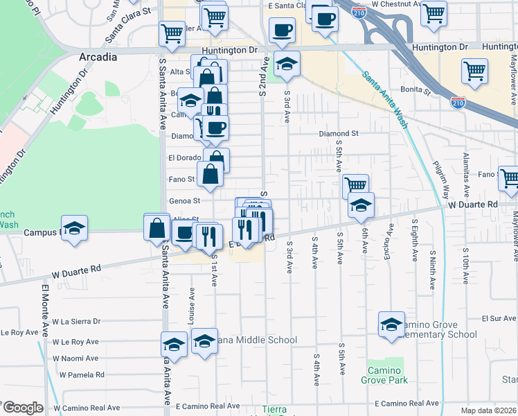 map of restaurants, bars, coffee shops, grocery stores, and more near in Arcadia