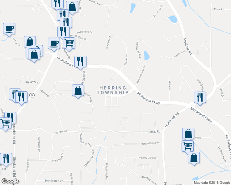 map of restaurants, bars, coffee shops, grocery stores, and more near 645 Township Circle in Alpharetta