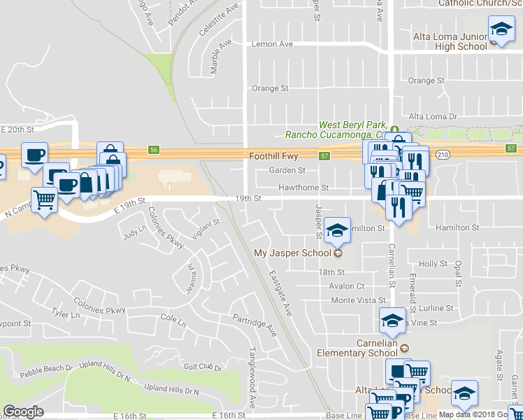 map of restaurants, bars, coffee shops, grocery stores, and more near 8337 Jade Drive in Rancho Cucamonga