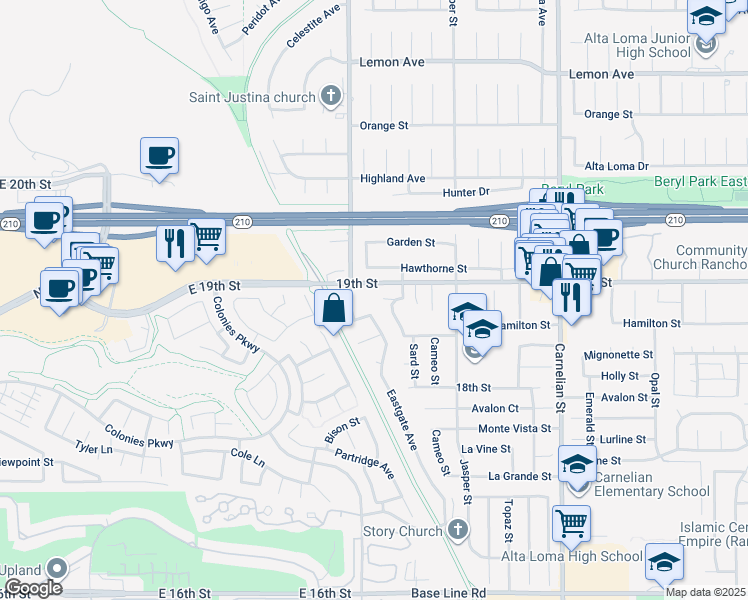map of restaurants, bars, coffee shops, grocery stores, and more near 8337 Jade Drive in Rancho Cucamonga