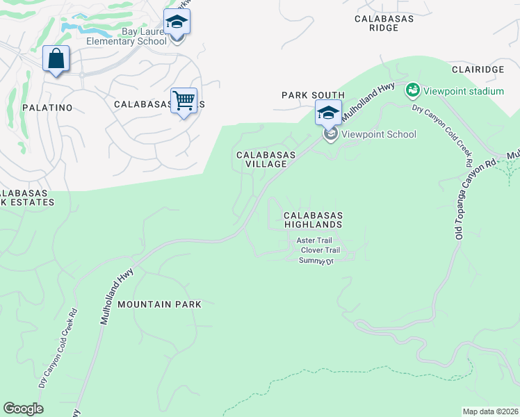 map of restaurants, bars, coffee shops, grocery stores, and more near 23804 Mulholland Highway in Calabasas