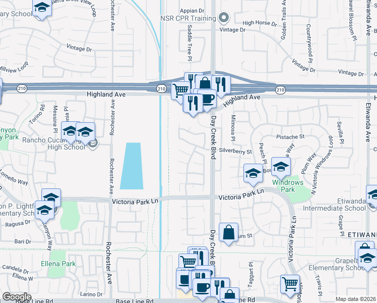 map of restaurants, bars, coffee shops, grocery stores, and more near 12206 Turnbridge Court in Rancho Cucamonga