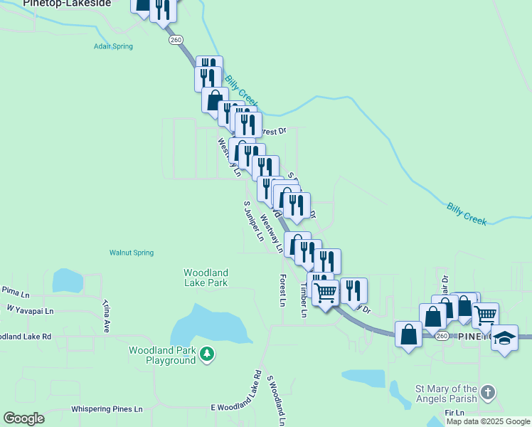 map of restaurants, bars, coffee shops, grocery stores, and more near 547 East White Mountain Boulevard in Pinetop-Lakeside
