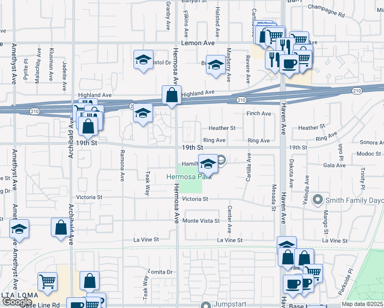map of restaurants, bars, coffee shops, grocery stores, and more near 10161 Chambord Drive in Rancho Cucamonga