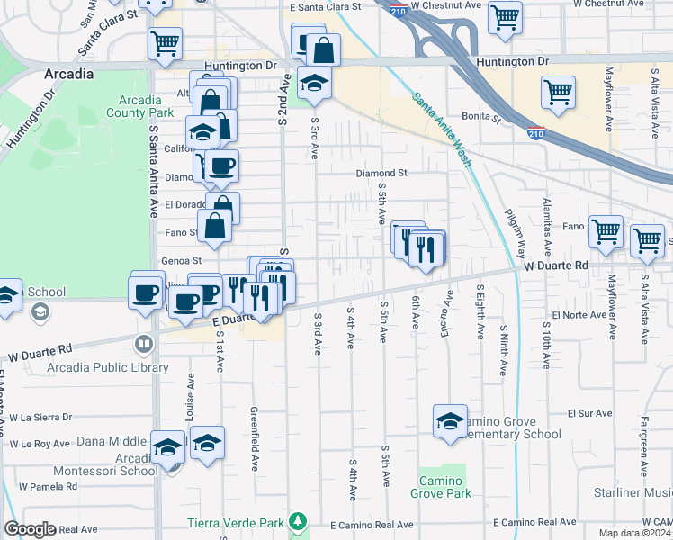 map of restaurants, bars, coffee shops, grocery stores, and more near 309 Genoa Street in Arcadia