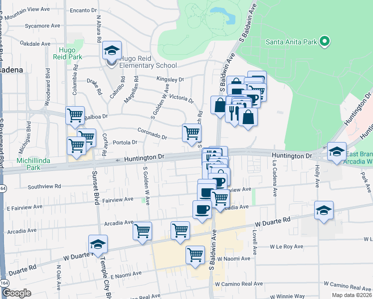 map of restaurants, bars, coffee shops, grocery stores, and more near 830 Coronado Drive in Arcadia
