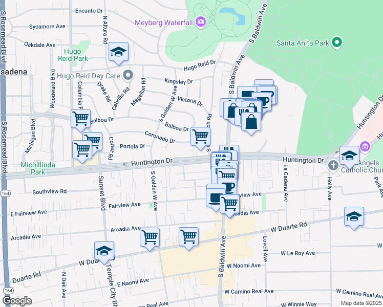 map of restaurants, bars, coffee shops, grocery stores, and more near 830 Coronado Drive in Arcadia