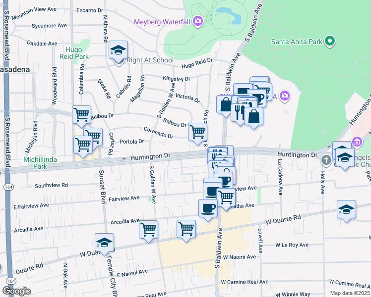 map of restaurants, bars, coffee shops, grocery stores, and more near 830 Coronado Drive in Arcadia