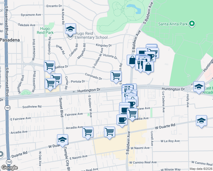 map of restaurants, bars, coffee shops, grocery stores, and more near 830 Coronado Drive in Arcadia