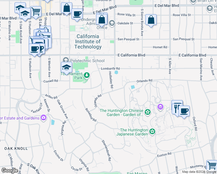map of restaurants, bars, coffee shops, grocery stores, and more near 755 Holladay Road in Pasadena