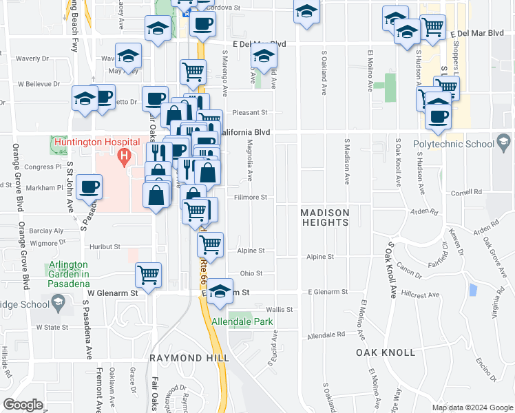 map of restaurants, bars, coffee shops, grocery stores, and more near 765 Magnolia Avenue in Pasadena