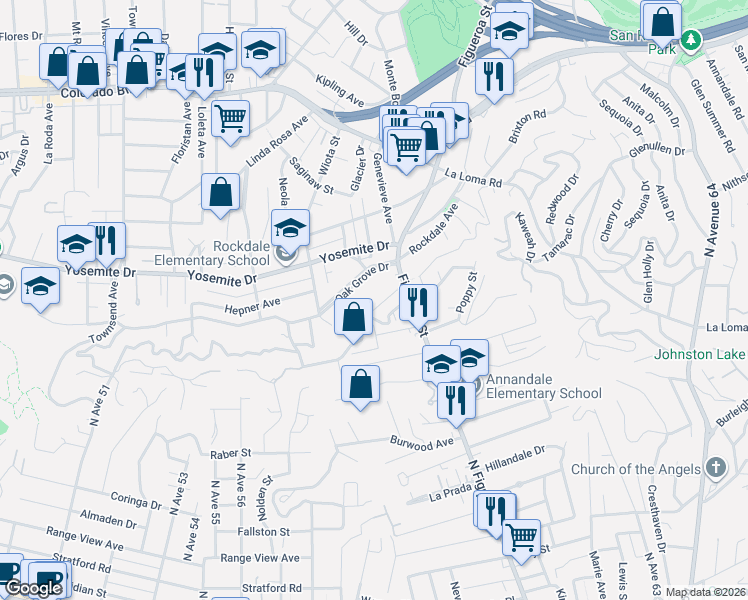 map of restaurants, bars, coffee shops, grocery stores, and more near 1104 Oak Grove Drive in Los Angeles