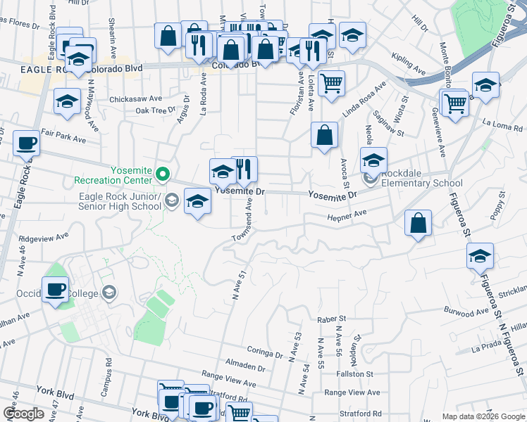 map of restaurants, bars, coffee shops, grocery stores, and more near 4742 Townsend Avenue in Los Angeles
