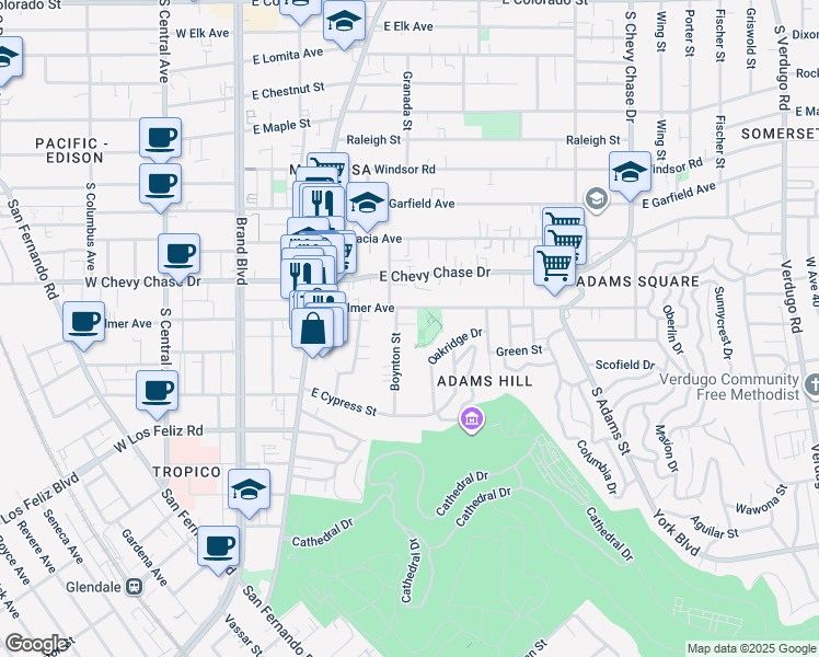 map of restaurants, bars, coffee shops, grocery stores, and more near 550 East Palmer Avenue in Glendale