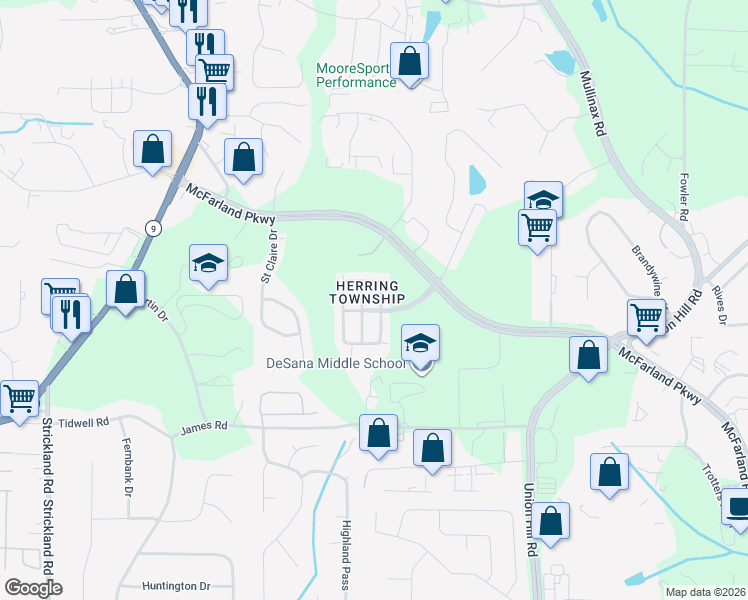 map of restaurants, bars, coffee shops, grocery stores, and more near 645 Township Circle in Alpharetta