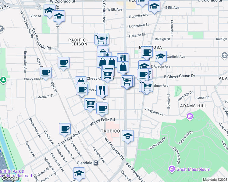 map of restaurants, bars, coffee shops, grocery stores, and more near 200 West Palmer Avenue in Glendale