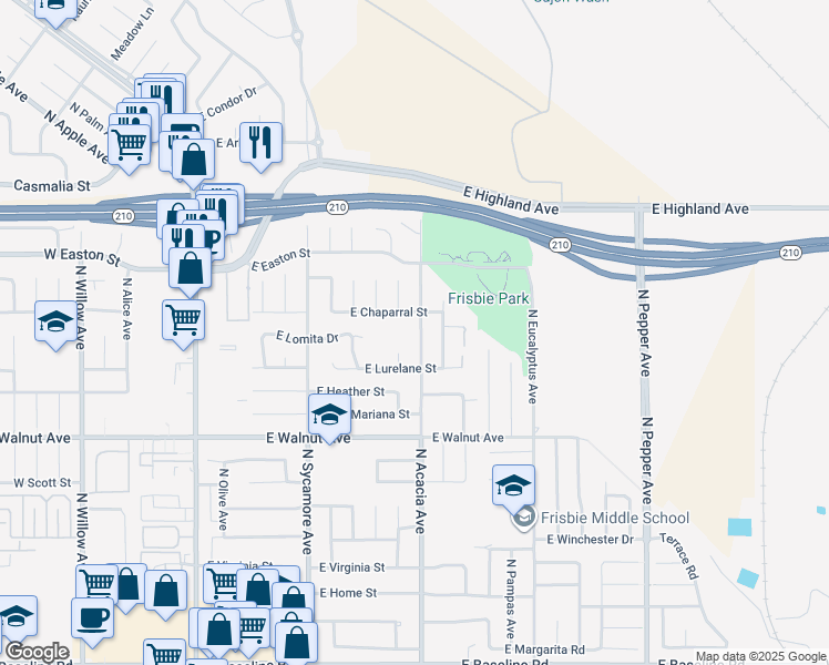map of restaurants, bars, coffee shops, grocery stores, and more near 1788 North Acacia Avenue in Rialto