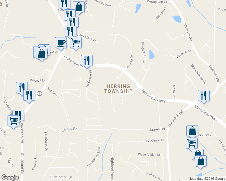 map of restaurants, bars, coffee shops, grocery stores, and more near 1075 Township Circle in Alpharetta