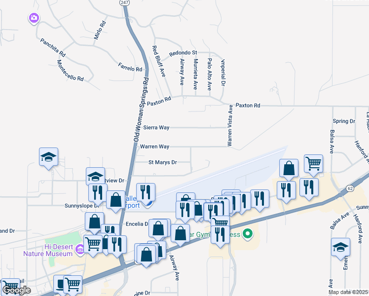 map of restaurants, bars, coffee shops, grocery stores, and more near 57495 Warren Way in Yucca Valley