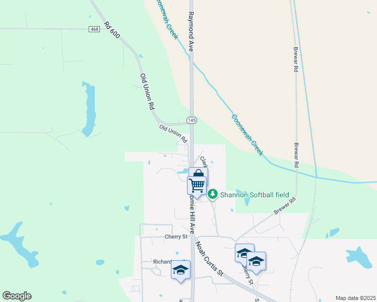 map of restaurants, bars, coffee shops, grocery stores, and more near County Road 600 in Shannon
