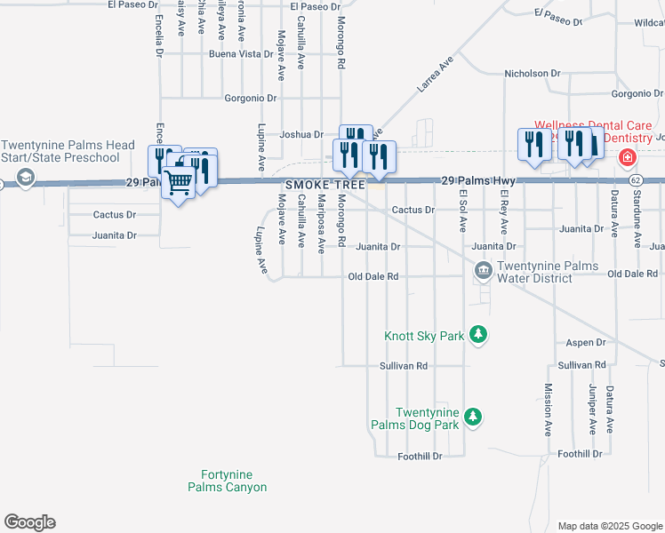 map of restaurants, bars, coffee shops, grocery stores, and more near 6686 Morongo Road in Twentynine Palms